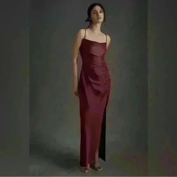 BHLDN DARK BERRY Women's Jennings Ruched Side-Slit Satin Gown - Picture 12 of 12